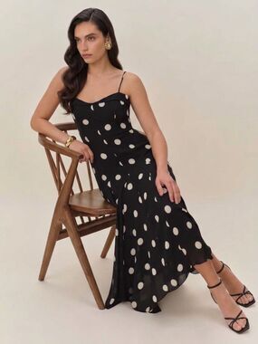 Reformation Fredo Black Moon Dot Sweetheart Spaghetti Strap Midi Dress Sz 6 NEW